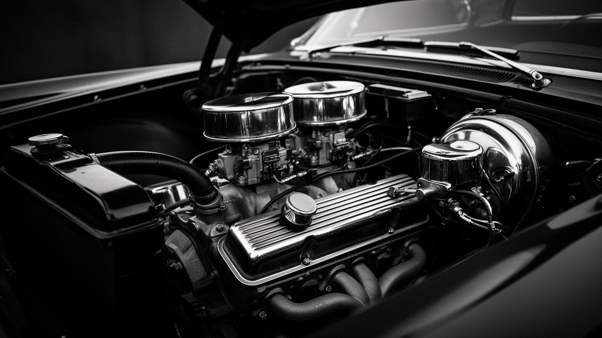 High-contrast monochrome photo of a polished classic car engine